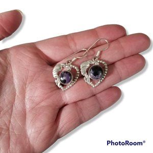 Dream Amethyst Heart Drop/Dangle Earrings Cabochon Sterling Silver